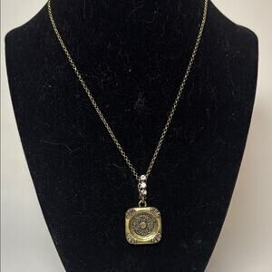 Fossil Brass Tone Intricate Decorative Square Pendant Necklace 16” with ext